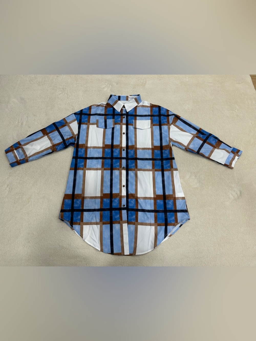 Women’s Plus Casual Long Shirt Blue & Brown Plaid Button-Up Long Sleeve Size XXL